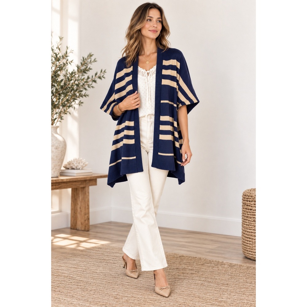 Gap Boho Kimono Cardigan Women OS Navy Striped Thick Cozy Travel Blanket‎